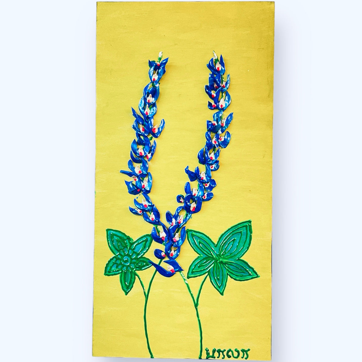 bluebonnets with green leaves on yellow background textured floral painting by Bala Thiagarajan, hand-piped acrylic on wood panel with iridescent sculptural texture