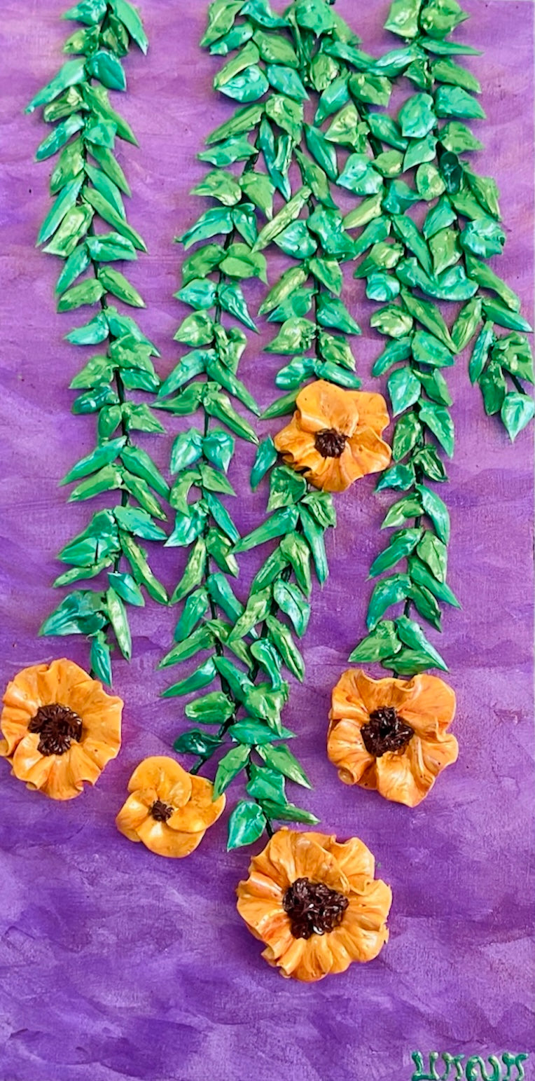 yellow flowers with green vines on purple background textured floral painting by Bala Thiagarajan, hand-piped iridescent acrylic on wood panel with sculptural 3D detail