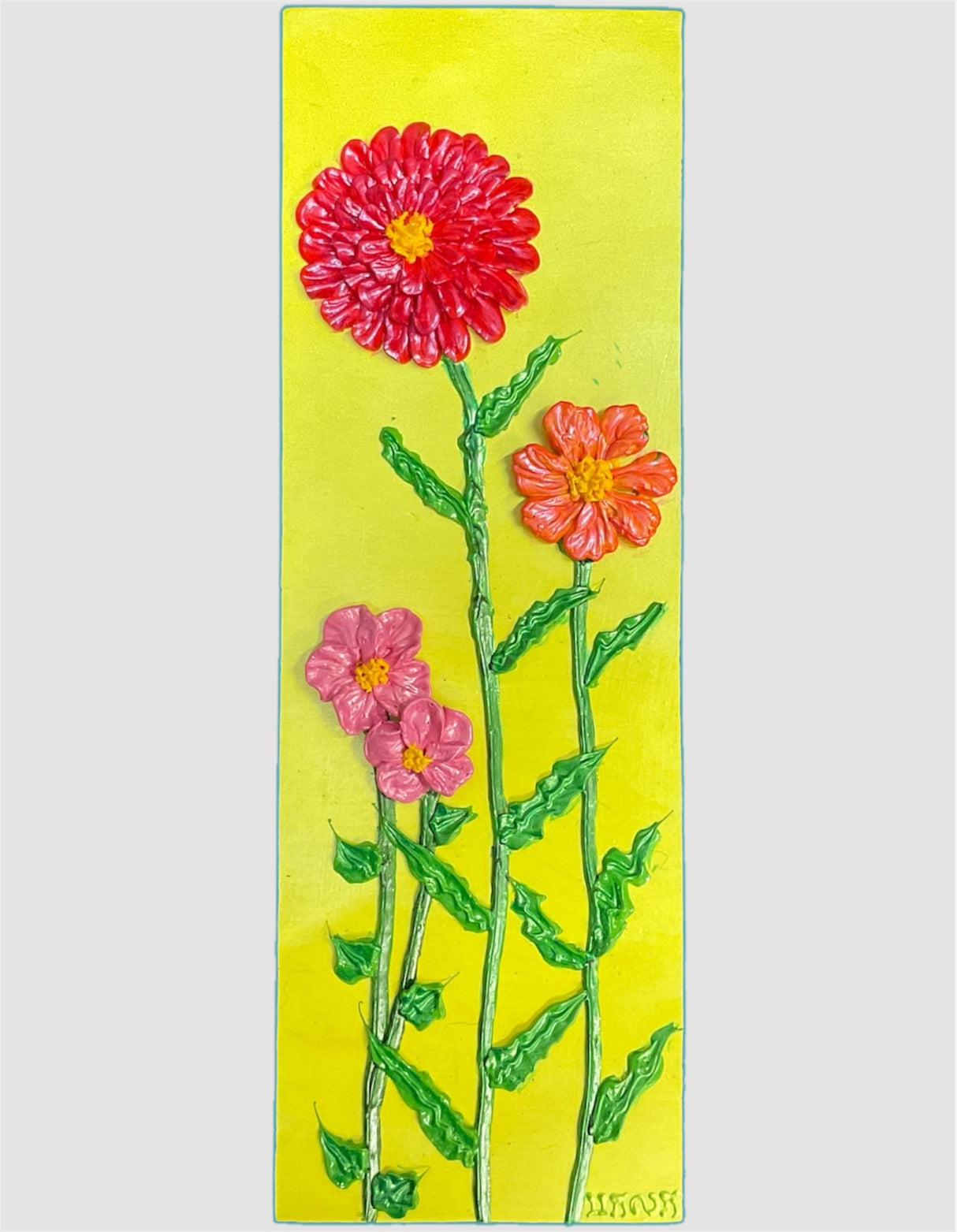 red, orange zinnias and pink flowers on yellow green background textured floral painting by Bala Thiagarajan, hand-piped iridescent acrylic on wood panel with sculptural 3D detail