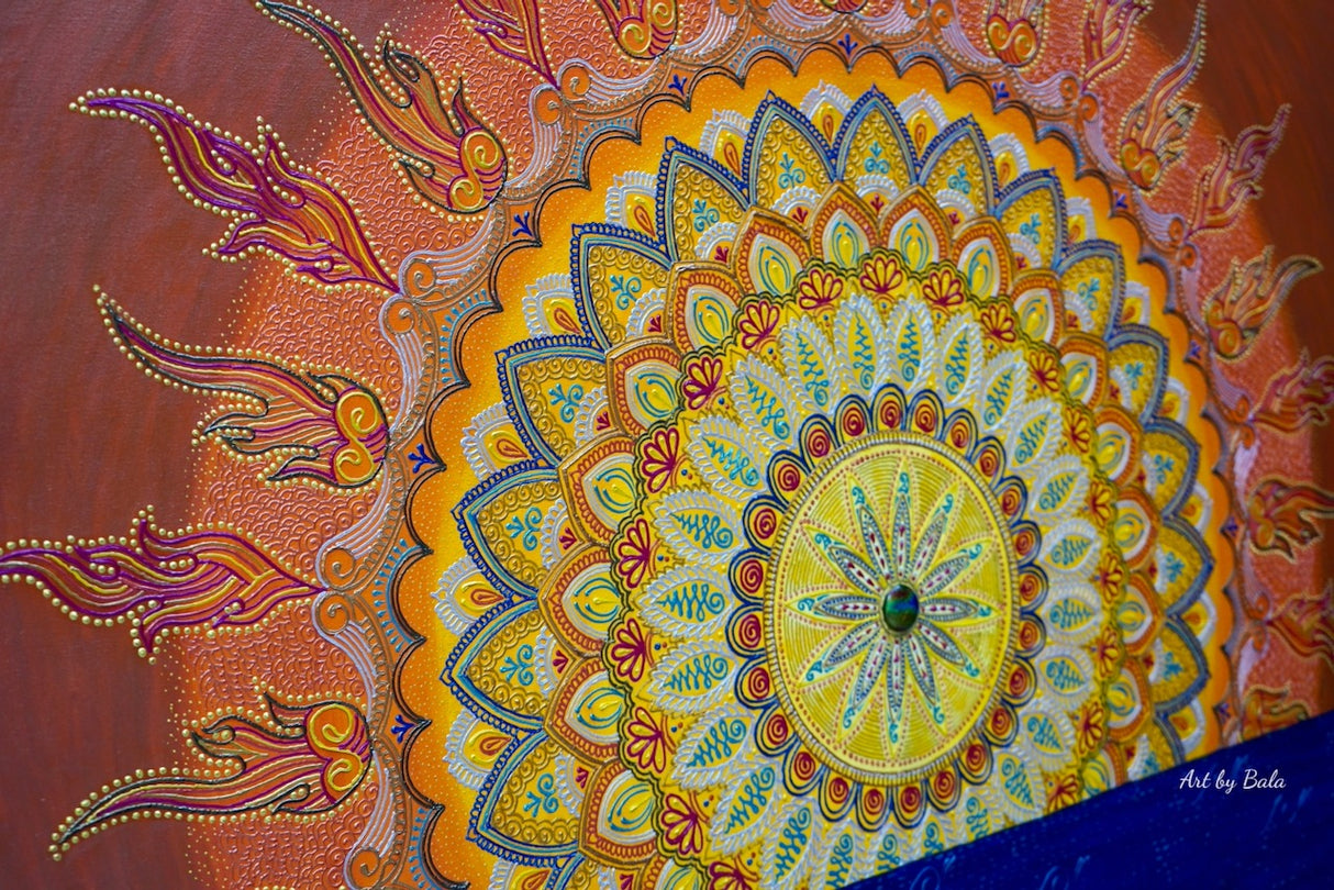 Morning Glow Mandala by Bala, soft acrylic mandala artwork symbolizing sunrise serenity.