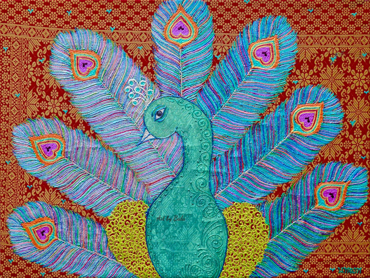 Peacock on Red & Gold Silk - Art by Bala