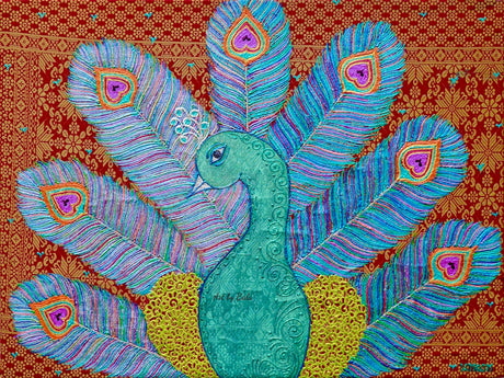 Peacock on Red & Gold Silk - Art by Bala