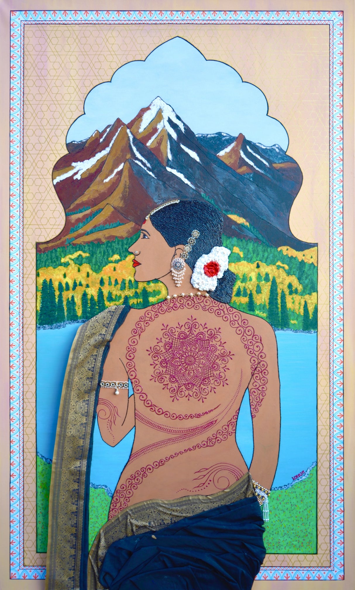 A painting of a woman in a traditional saree with an intricate mandala design on her back, set against a backdrop of a mountain range.