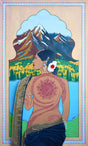 A painting of a woman in a traditional saree with an intricate mandala design on her back, set against a backdrop of a mountain range.