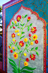 Mughal Bloom - red, yellow flowers in Mughal inspired arches and islamic geometric motifs - textured floral painting by Bala Thiagarajan, hand-piped acrylic on canvas with iridescent sculptural texture