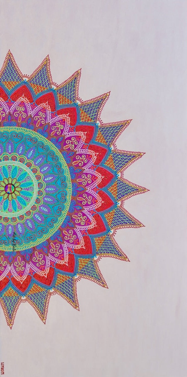 24x48 large original Embrace Mandala 3D textured painting by Bala Thiagarajan, featuring color-shifting iridescent henna-style patterns and a dichroic glass center on a pearlescent background.