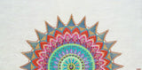 24x48 large original Embrace Mandala 3D textured painting by Bala Thiagarajan, featuring color-shifting iridescent henna-style patterns and a dichroic glass center on a pearlescent background.