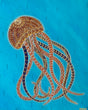 Jellyfish original 16x20 3D textured marine painting by Bala Thiagarajan, sculptural iridescent blue and silver jellyfish with hand-piped glowing tentacles on a dark navy background, heavy-body acrylic sea life art