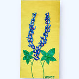 bluebonnets with green leaves on yellow background textured floral painting by Bala Thiagarajan, hand-piped acrylic on wood panel with iridescent sculptural texture
