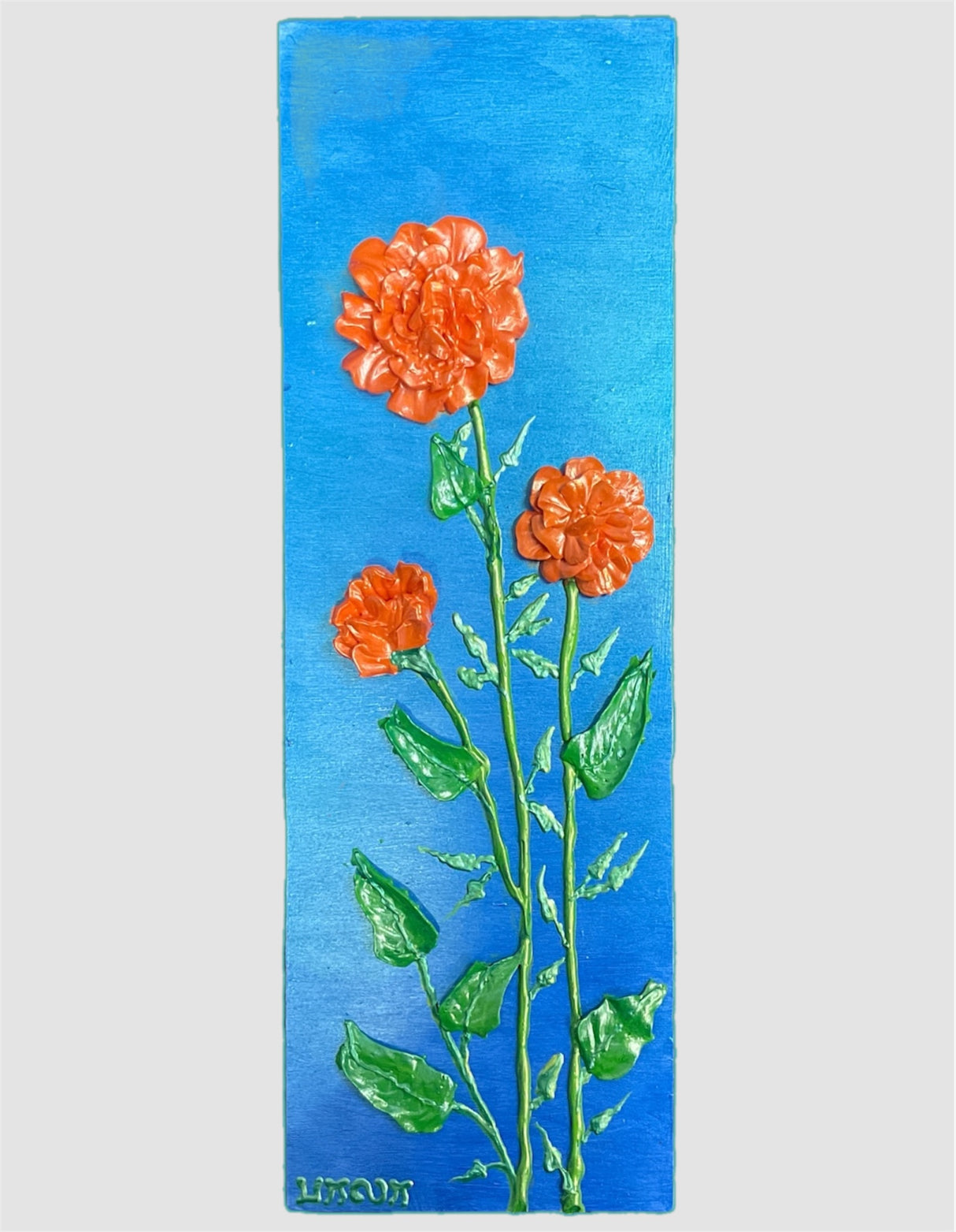 marigolds on blue background textured floral painting by Bala Thiagarajan, hand-piped iridescent acrylic on wood panel with sculptural 3D detail