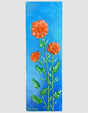 marigolds on blue background textured floral painting by Bala Thiagarajan, hand-piped iridescent acrylic on wood panel with sculptural 3D detail