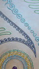 12x24 original Flow Mandala Blue 3D textured painting by Bala Thiagarajan, featuring iridescent blue hand-piped henna-style patterns with dichroic glass and mirrors in the center.