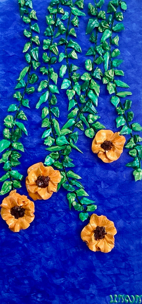  yellow flowers  with green vines on blue background textured floral painting by Bala Thiagarajan, hand-piped iridescent acrylic on wood panel with sculptural 3D detail