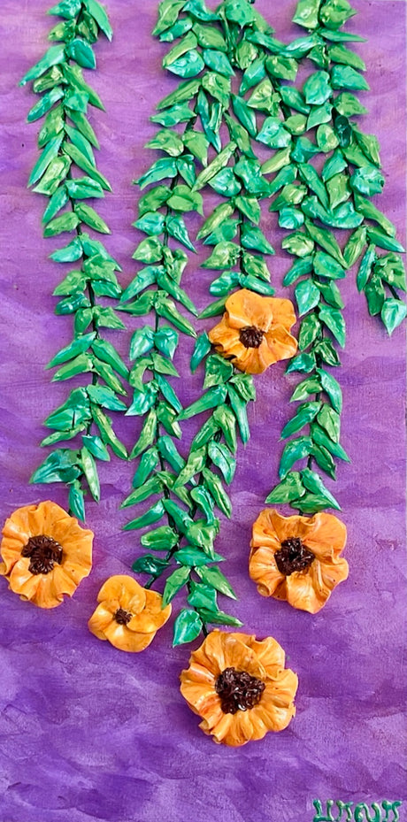  yellow flowers  with green vines on purple background textured floral painting by Bala Thiagarajan, hand-piped iridescent acrylic on wood panel with sculptural 3D detail