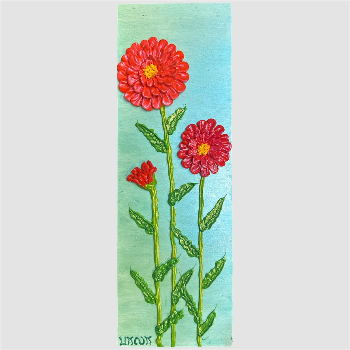 red and orange zinnias on turquoise background textured floral painting by Bala Thiagarajan, hand-piped iridescent acrylic on wood panel with sculptural 3D detail