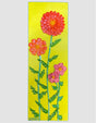 orange zinnias, pink flowers on yellow  green background textured floral painting by Bala Thiagarajan, hand-piped iridescent acrylic on wood panel with sculptural 3D detail