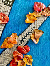 Afternoon Aspens original 20x24 3D textured landscape by Bala Thiagarajan, sculptural white aspen trees with iridescent gold leaves on a bright blue sky background, featuring hand-piped henna-style trunk details and heavy-body acrylic texture close up