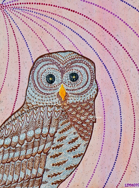 Barred Owl original 12x16 3D textured bird painting by Bala Thiagarajan, sculptural chocolate brown, tan, and cream woodland owl with hand-piped iridescent feathers and heavy-body acrylic relief on canvas.
