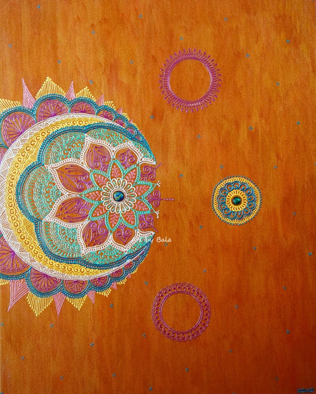 24x30 original Expectation Mandala 3D textured painting by Bala Thiagarajan, featuring an asymmetrical off-center henna-style pattern with a dichroic glass focal point.